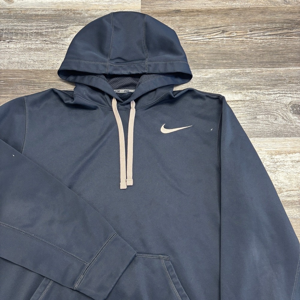 Nike Therma-Fit Navy Blue Gray Mens M Fleece Mini Swoosh Pullover Sweatshirt